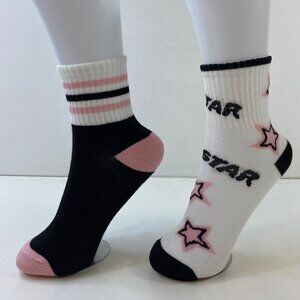 Womens Crew Socks Set 2 Stripes "Star" Print Black Pink White